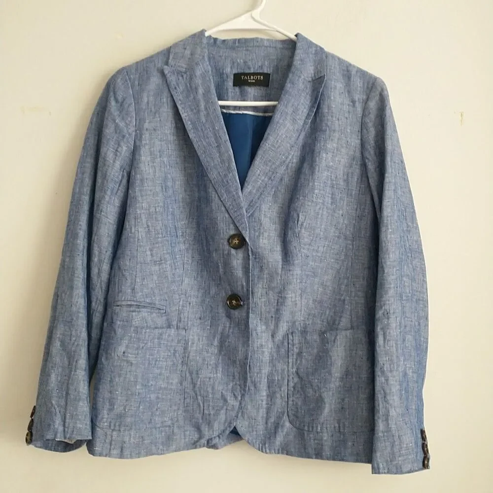 Talbots Blazer Jacket Womens MPetite Blue 100% Linen 2-Button Lined Coastal